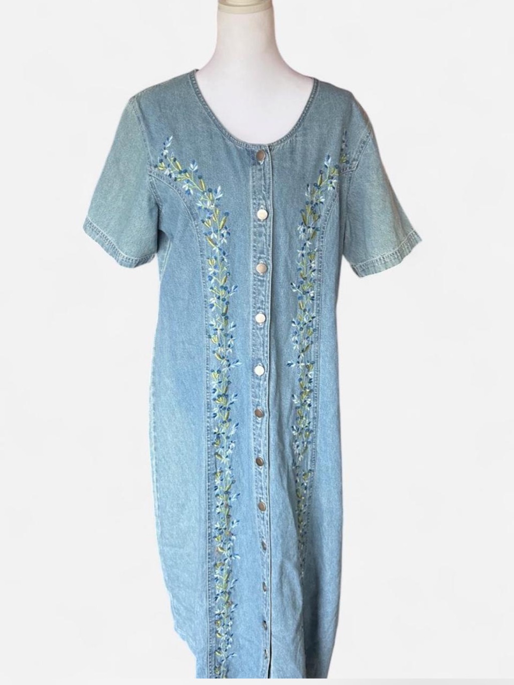 Light Wash Denim Button-Front Dress With Floral Embroidery